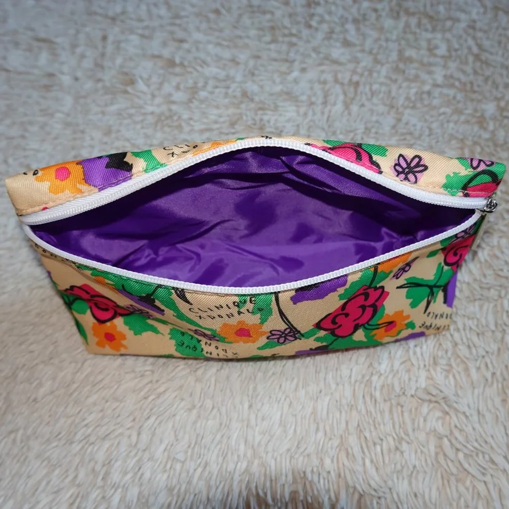 Clinique x Donald Floral Makeup Cosmetics Bag, Purple Lining, NWOT
